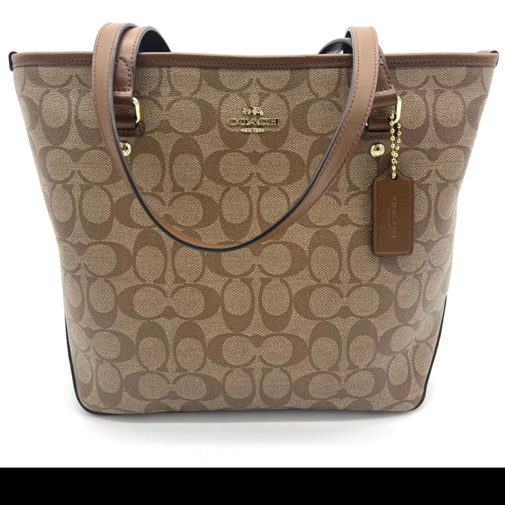 Coach Brown Signature Canvas Tote with Leather Trim